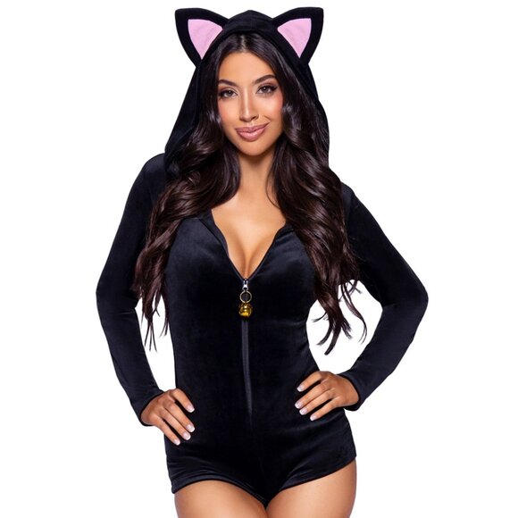 Plush Velvet Black Cat Onesie with Tail and Bell - Picture 1 of 2
